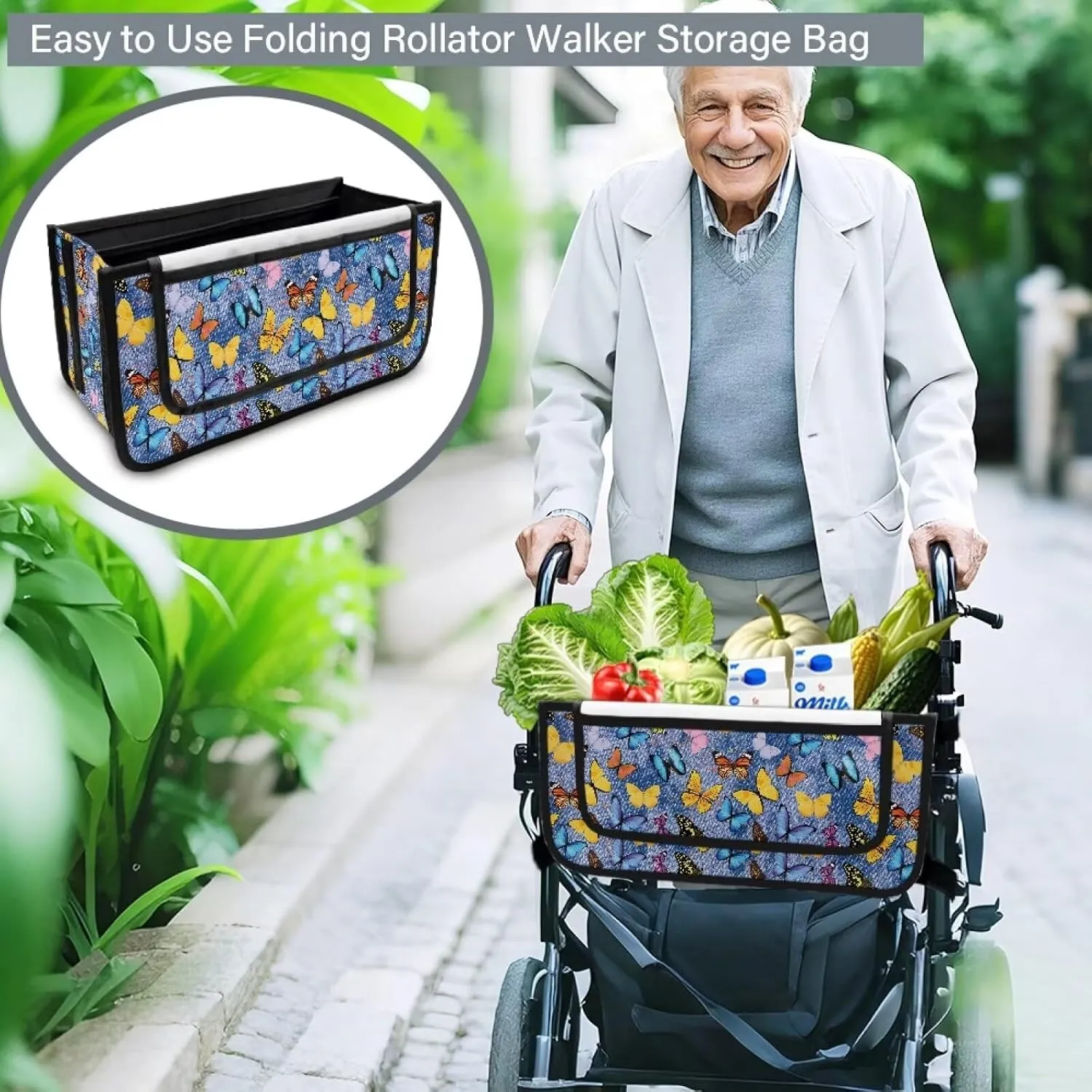 Butterfly Rollator Bag Tote Organizer for Universal Walkers Walker Bag Mobility Aid Accessory Pouch for Seniors in Assisted Living