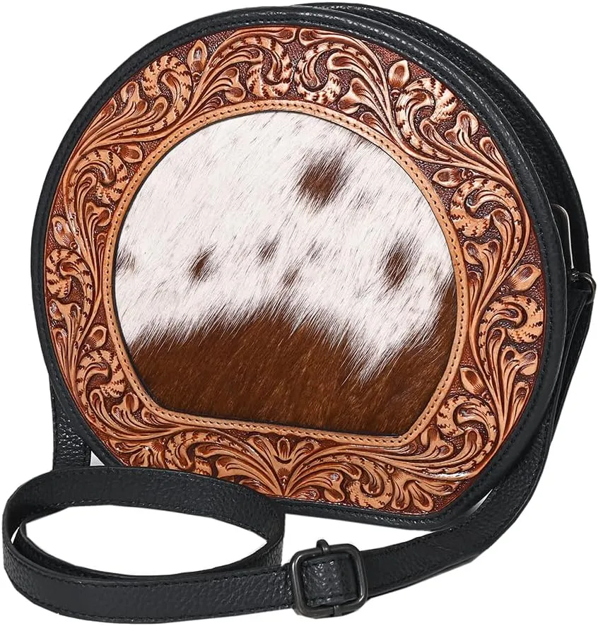 Canteen Hand Tooled Hair-On Genuine Leather women bag western Handbag Purse