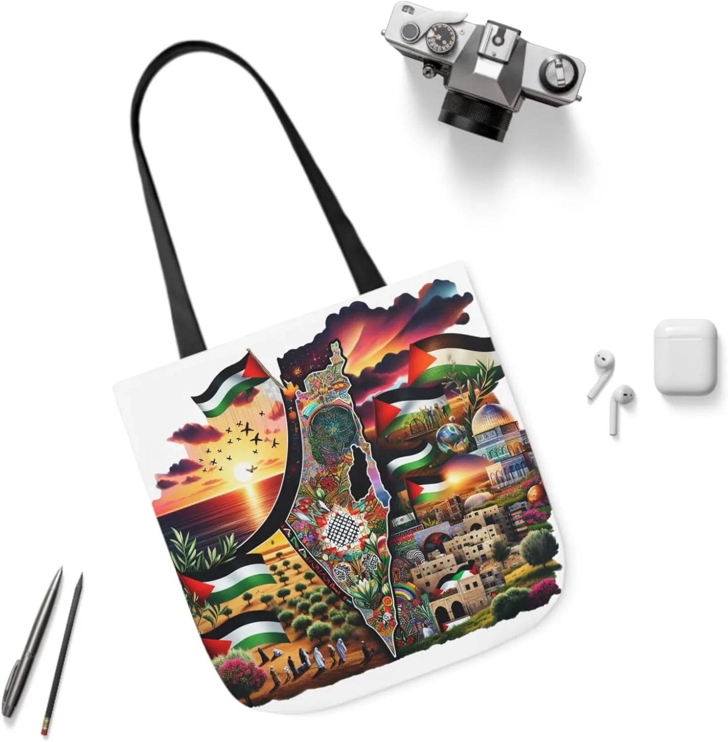 Canvas Tote Bag, Free Palestine Map Flag Art, Pro-Palestinian Carryall, Activist Shoulder Bag, Political Statement Tote,