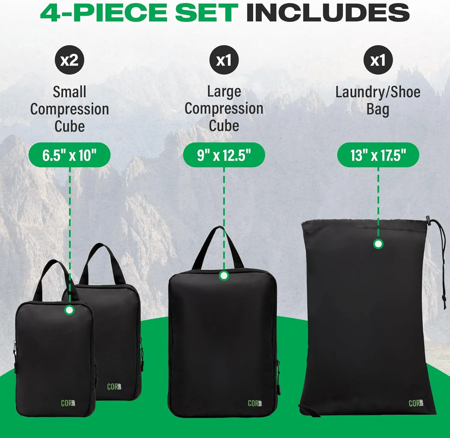 Carry On Travel Backpack Bundle | Island Hopper Travel Backpack with Toiletry Bag and Compression Packing Cube Set (Black with 4 Piece, 28L)