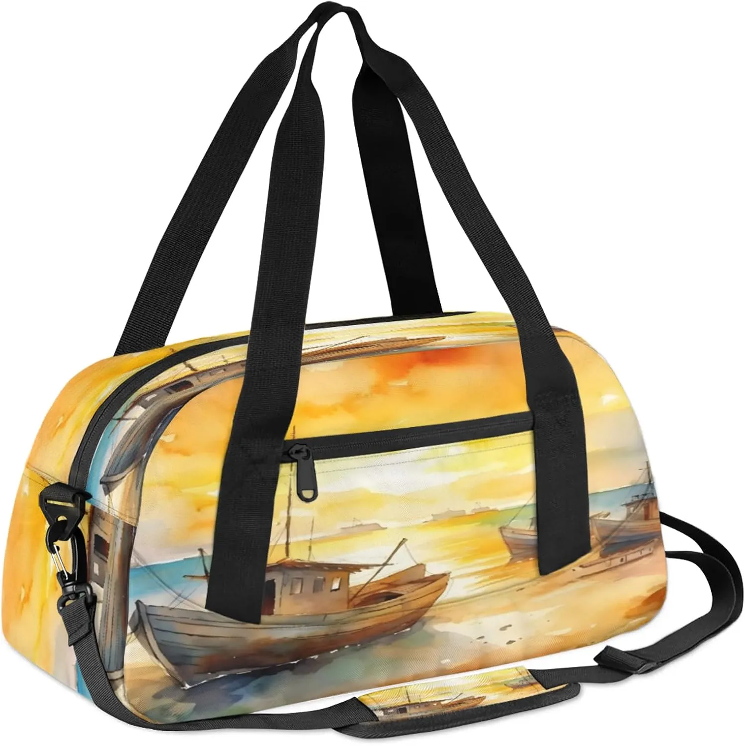 Cartoon Art Sailboat Kids Duffel Bag Lightweight Waterproof Sports Gym Bag with Front Zipper Pocket Foldable Weekender Overnight Bag for School Practice Gymnastic Ballet