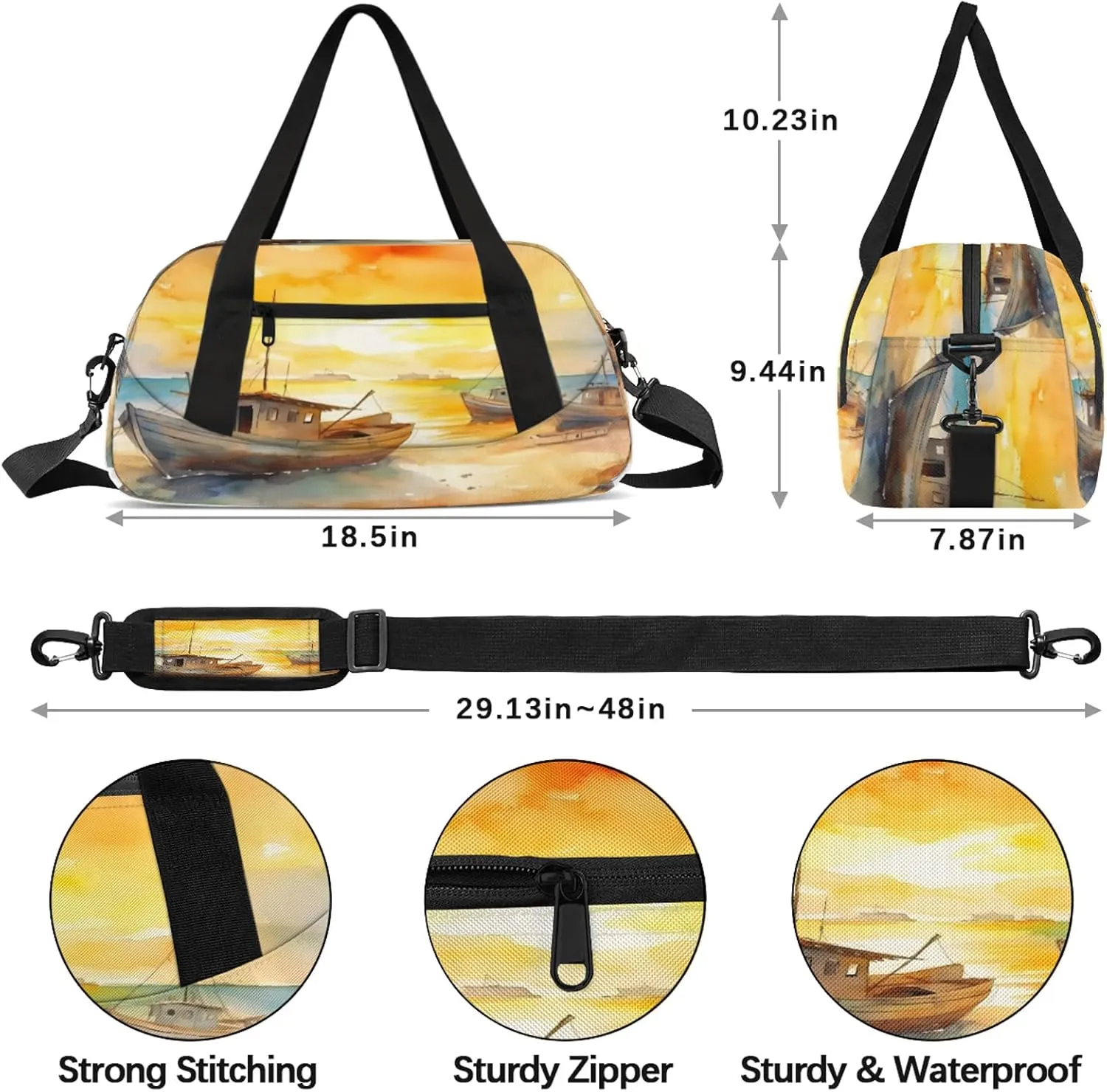 Cartoon Art Sailboat Kids Duffel Bag Lightweight Waterproof Sports Gym Bag with Front Zipper Pocket Foldable Weekender Overnight Bag for School Practice Gymnastic Ballet