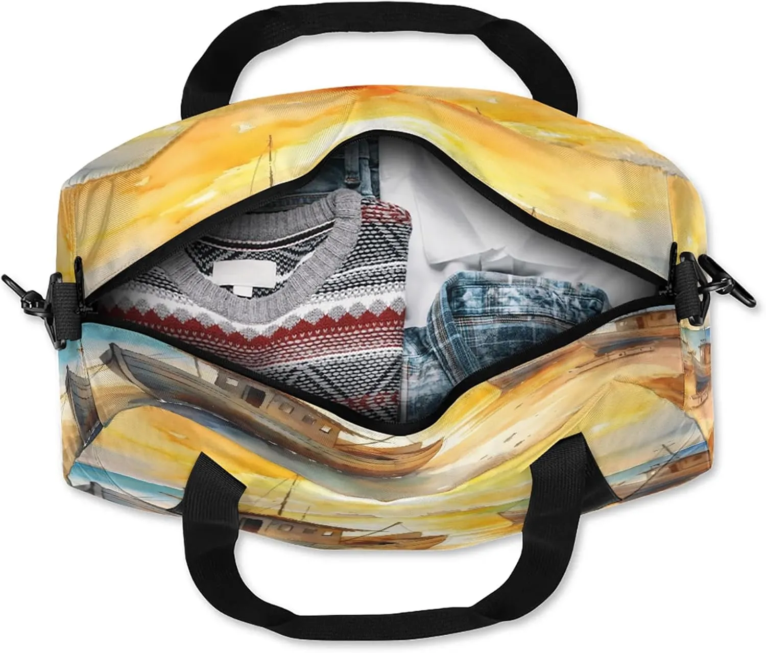 Cartoon Art Sailboat Kids Duffel Bag Lightweight Waterproof Sports Gym Bag with Front Zipper Pocket Foldable Weekender Overnight Bag for School Practice Gymnastic Ballet