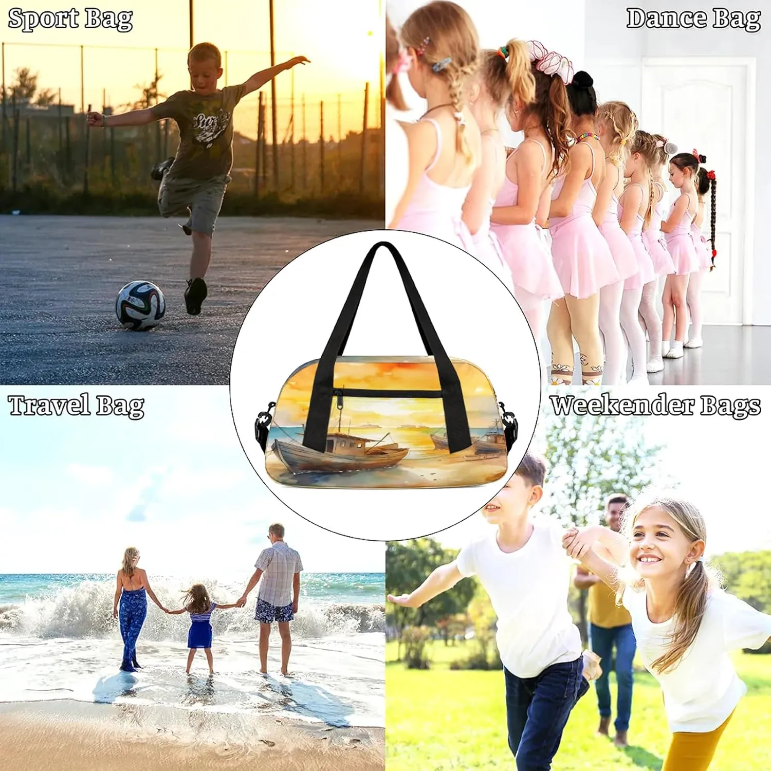 Cartoon Art Sailboat Kids Duffel Bag Lightweight Waterproof Sports Gym Bag with Front Zipper Pocket Foldable Weekender Overnight Bag for School Practice Gymnastic Ballet