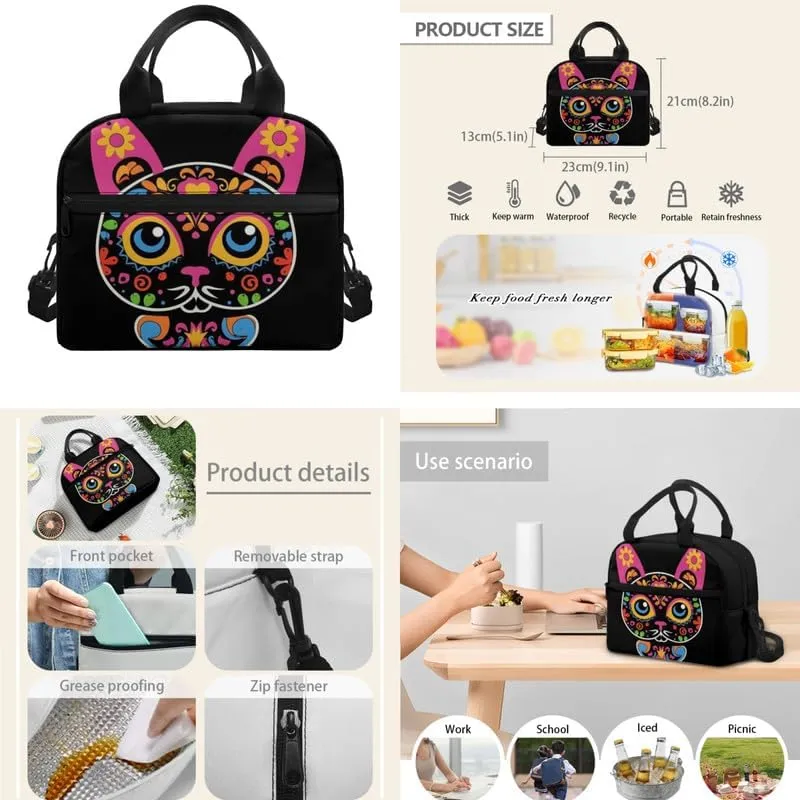 Cat Sugar Skull 17in School Backpack 3 Set Mexico Floral Skeleton Kitten Gothic Lightweight Bottle Holder Bookbags School Bag Pencil Case & Lunch Bag Travel Picnic