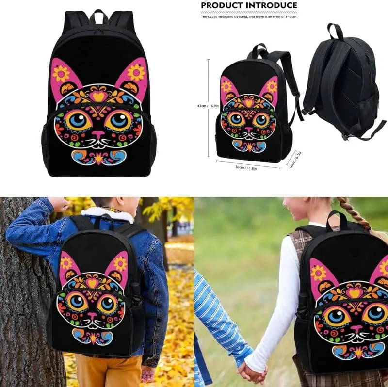 Cat Sugar Skull 17in School Backpack 3 Set Mexico Floral Skeleton Kitten Gothic Lightweight Bottle Holder Bookbags School Bag Pencil Case & Lunch Bag Travel Picnic