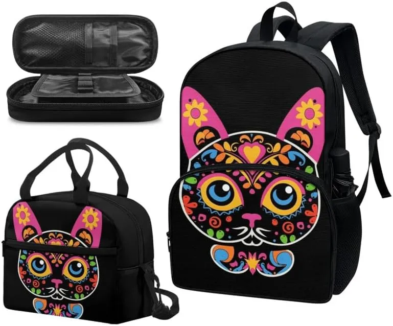 Cat Sugar Skull 17in School Backpack 3 Set Mexico Floral Skeleton Kitten Gothic Lightweight Bottle Holder Bookbags School Bag Pencil Case & Lunch Bag Travel Picnic
