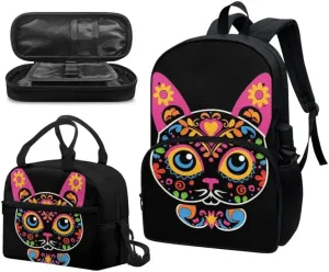 Cat Sugar Skull 17in School Backpack 3 Set Mexico Floral Skeleton Kitten Gothic Lightweight Bottle Holder Bookbags School Bag Pencil Case & Lunch Bag Travel Picnic