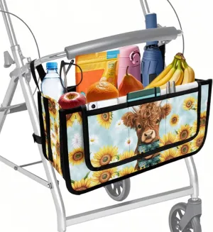 Cattle Cow Sunflower Rollator Bag Folding Bag Tote Organizer Pouch Storage to Walkers for Senoirs Walker Accessories for Elderly Senior