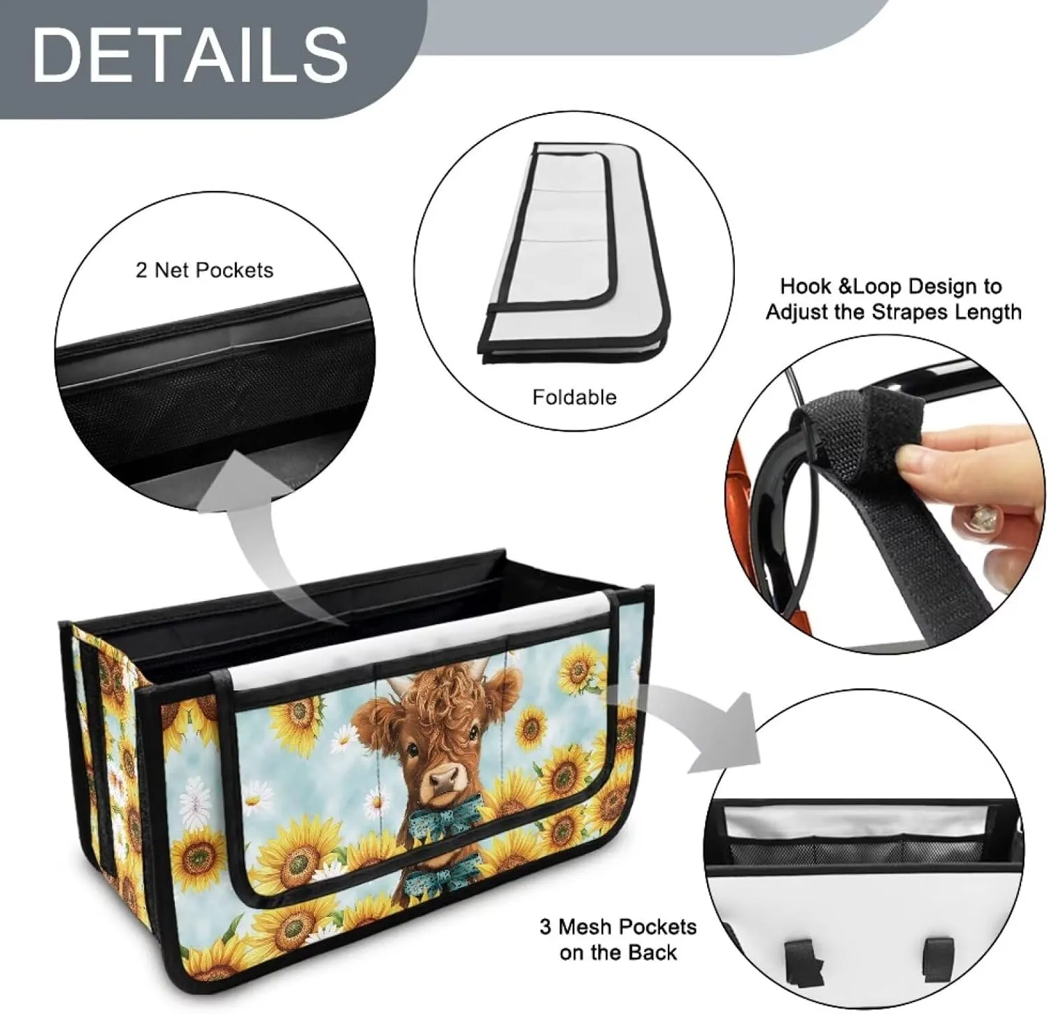 Cattle Cow Sunflower Rollator Bag Folding Bag Tote Organizer Pouch Storage to Walkers for Senoirs Walker Accessories for Elderly Senior