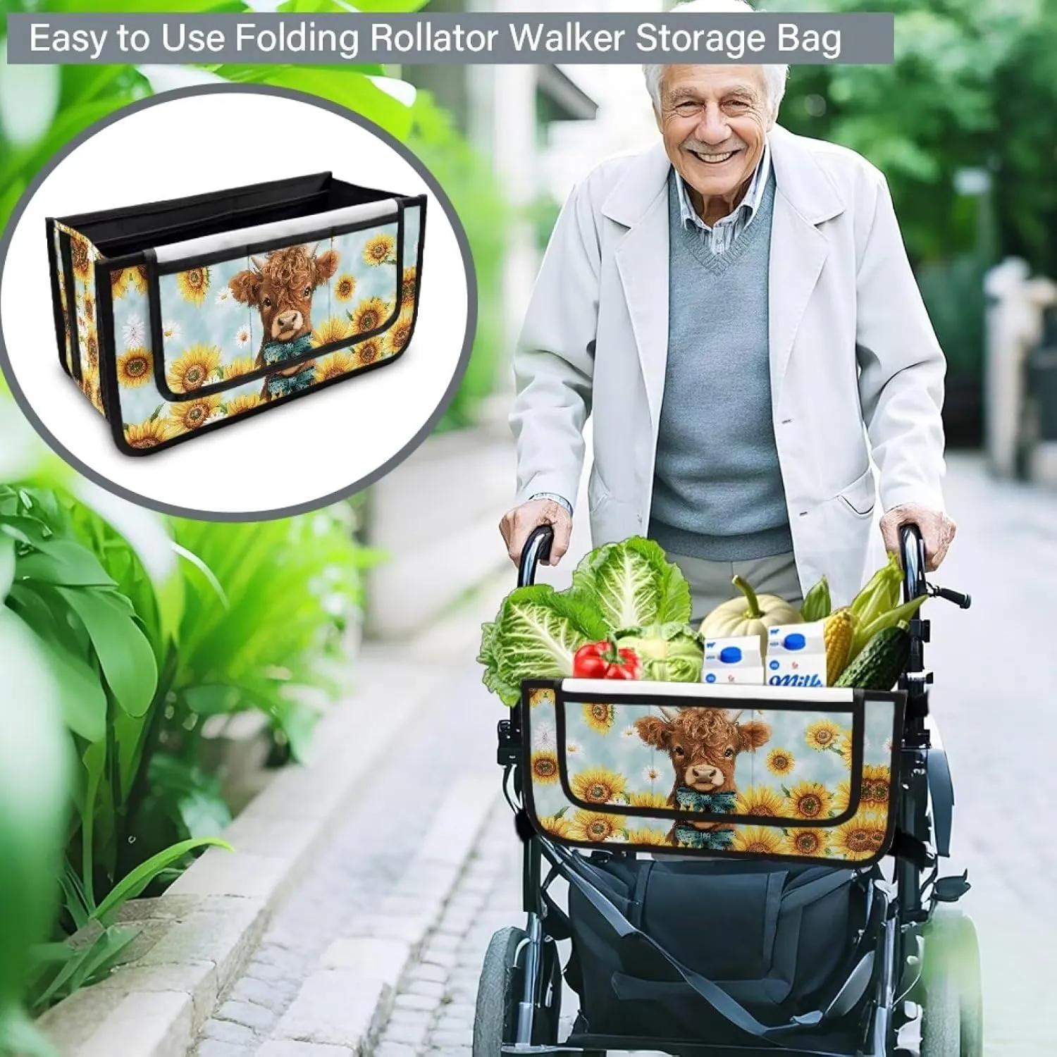 Cattle Cow Sunflower Rollator Bag Folding Bag Tote Organizer Pouch Storage to Walkers for Senoirs Walker Accessories for Elderly Senior