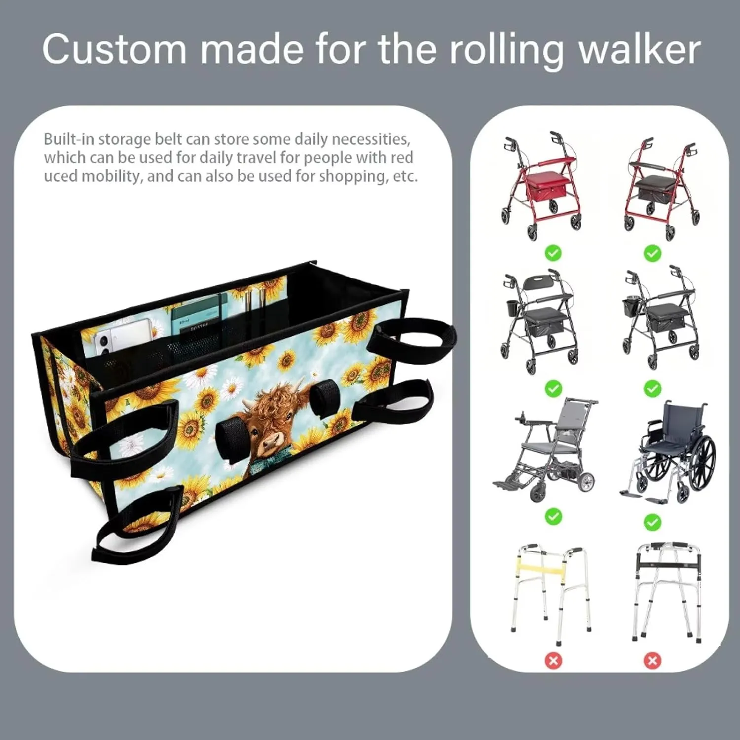 Cattle Cow Sunflower Rollator Bag Folding Bag Tote Organizer Pouch Storage to Walkers for Senoirs Walker Accessories for Elderly Senior