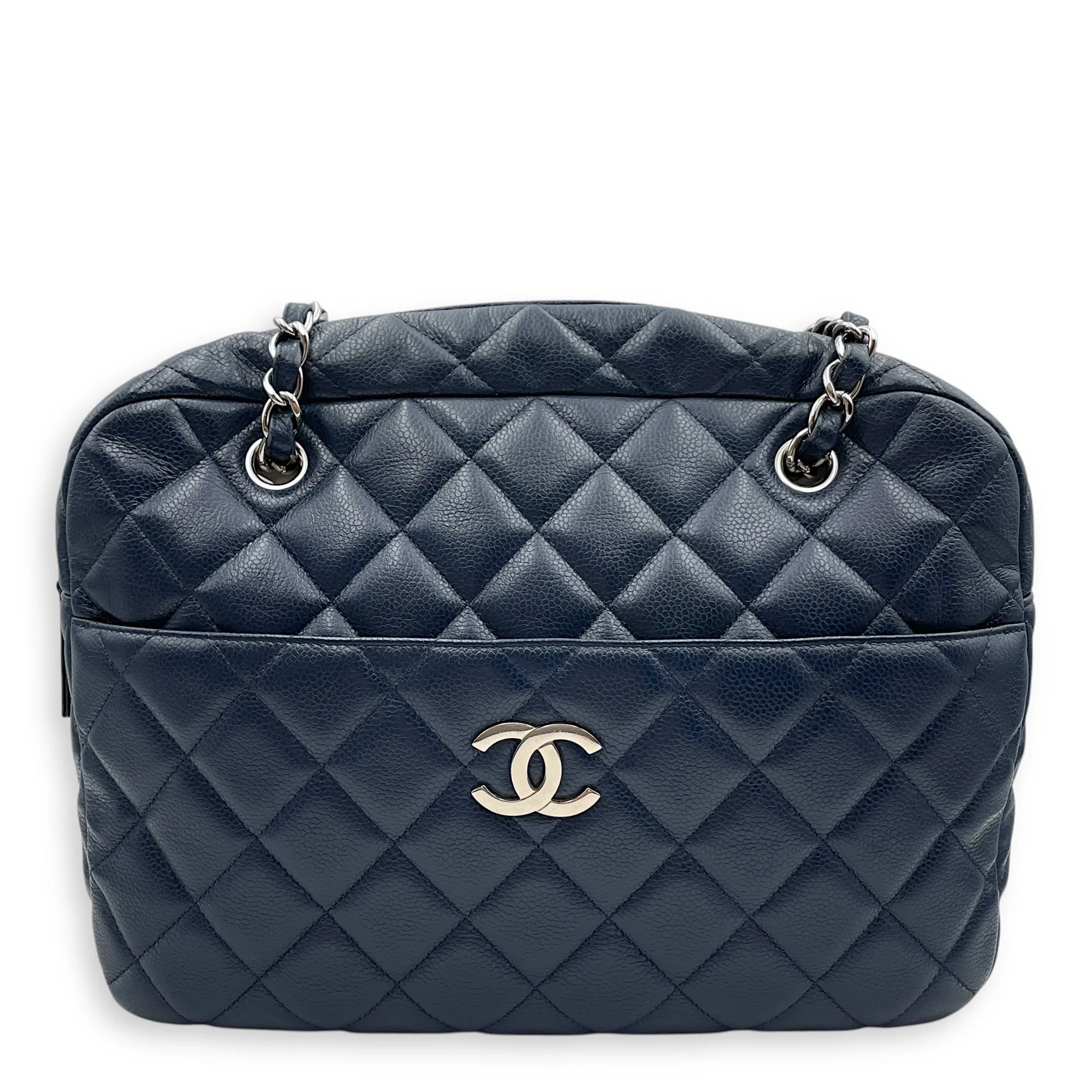 Cc Quilted Camera Bag 30x22x9cm Navy Blue Shoulder Bag in Caviar Leather, Silver hardware