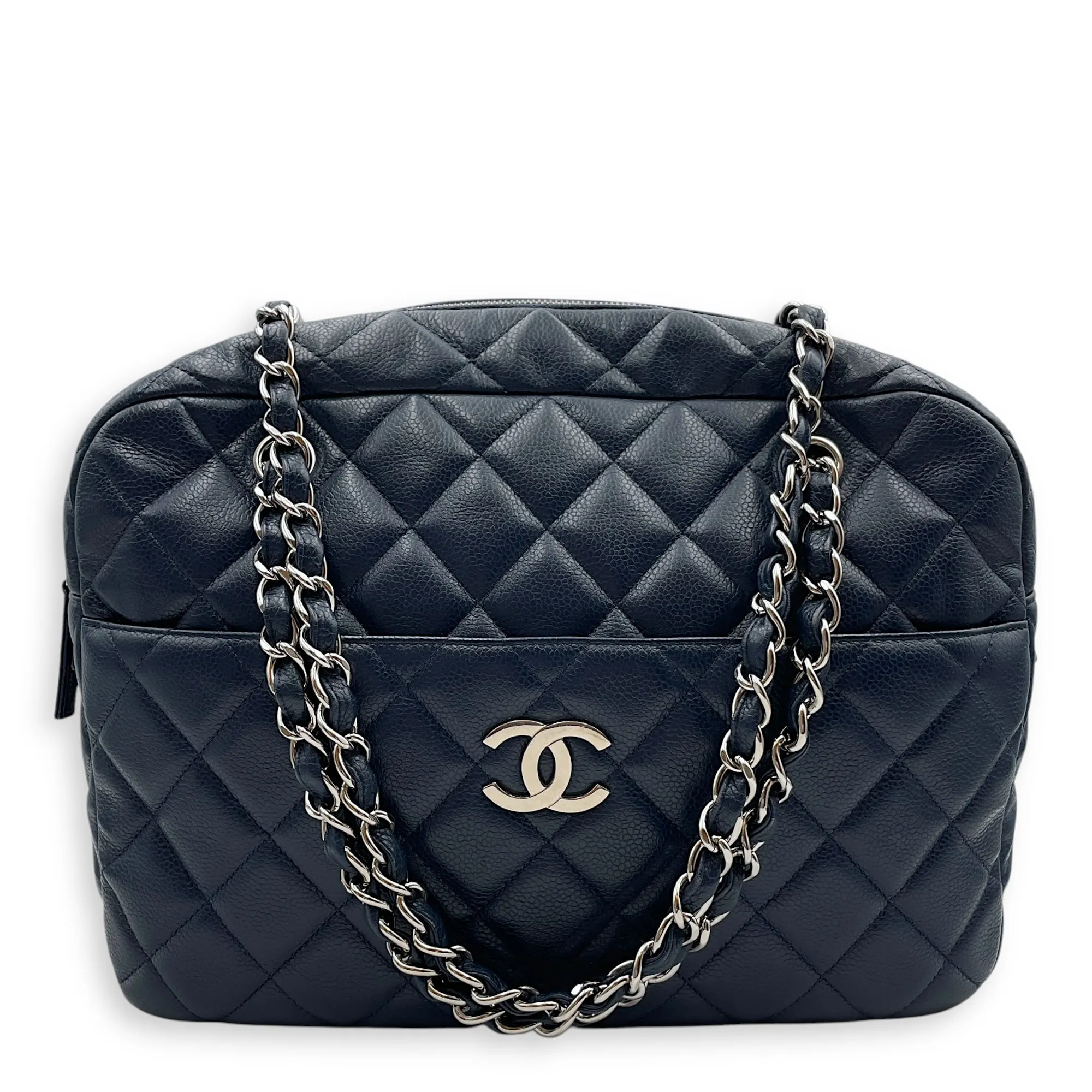 Cc Quilted Camera Bag 30x22x9cm Navy Blue Shoulder Bag in Caviar Leather, Silver hardware