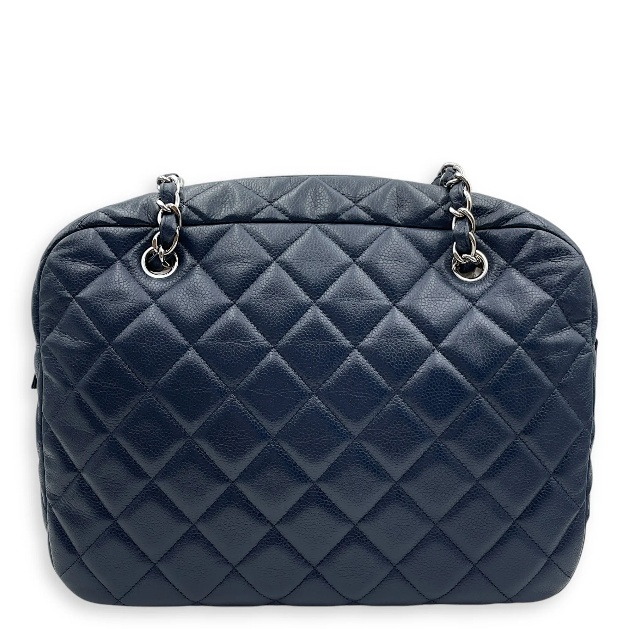 Cc Quilted Camera Bag 30x22x9cm Navy Blue Shoulder Bag in Caviar Leather, Silver hardware