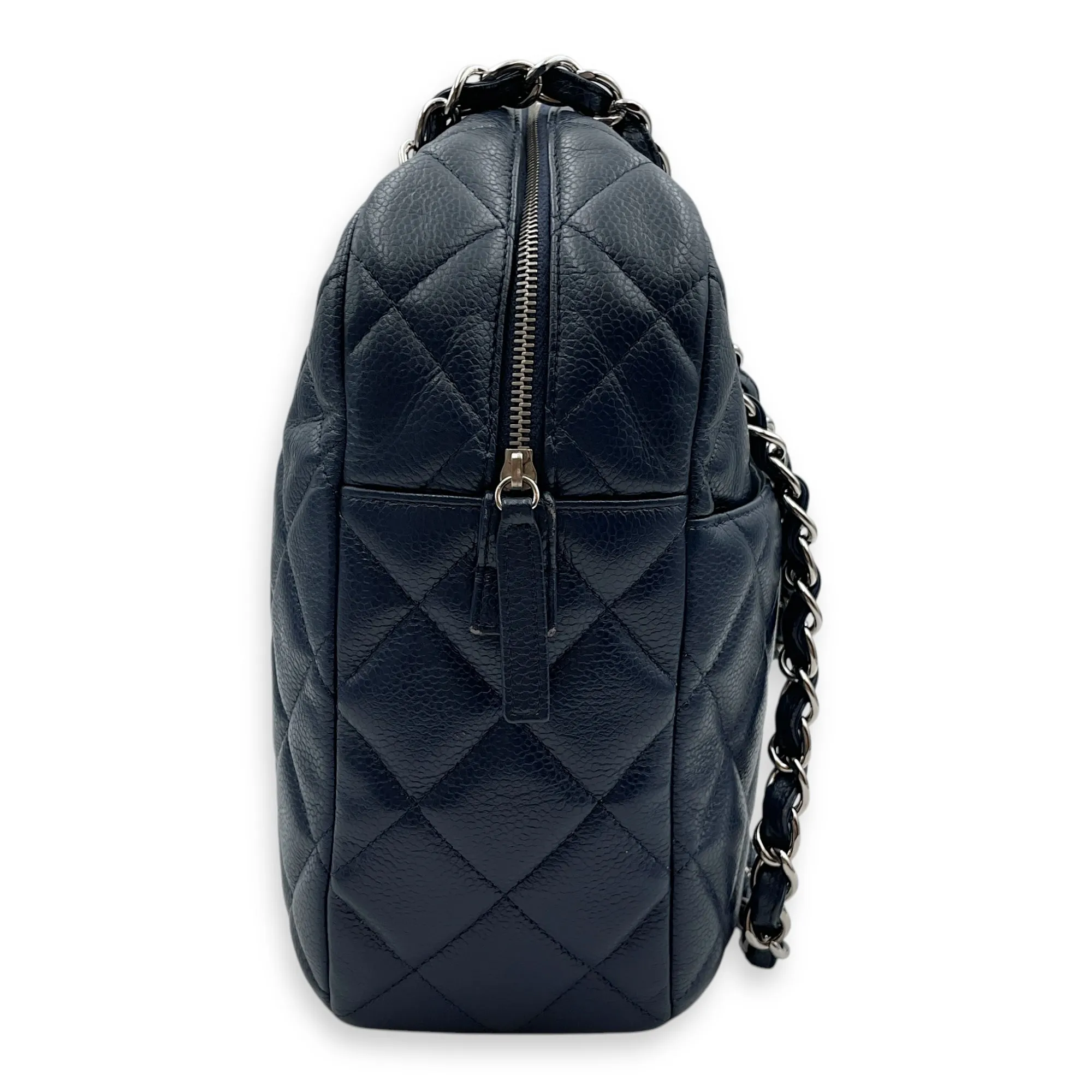 Cc Quilted Camera Bag 30x22x9cm Navy Blue Shoulder Bag in Caviar Leather, Silver hardware