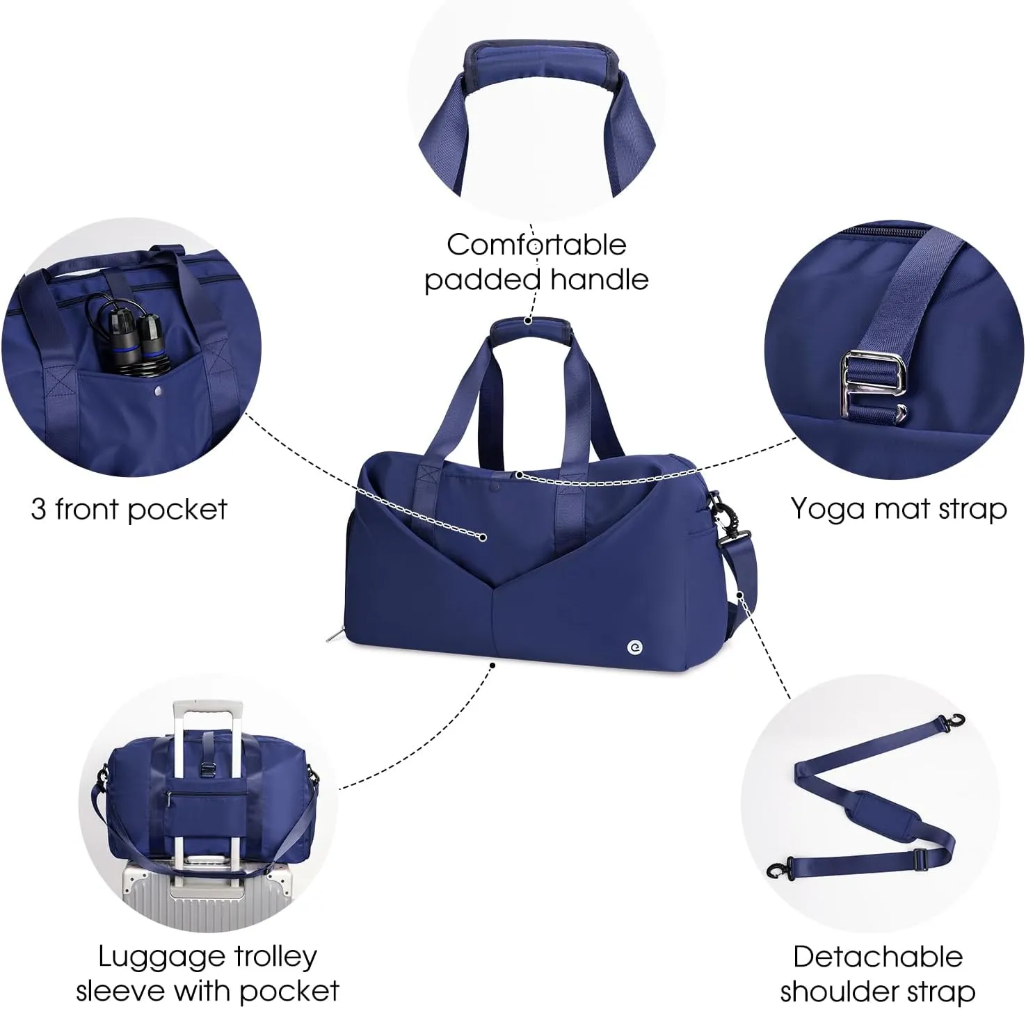 Ceneda Women's 20" Gym Duffel Bag with Wet Pocket & Shoe Compartment, Portable Overnight Weekender Travel Bag, Yoga Bag (Navy Blue)