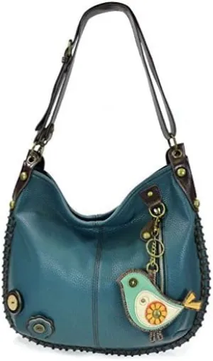 CHALA Crossbody Handbag, Hobo Style, Casual, Soft, Shoulder or Crossbody - Navy (Green Bird)