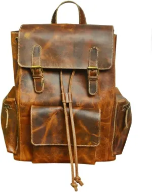 CHALLENGER Handcrafted Full-Grain Distressed Genuine Tan Leather Vintage Weekender Carry-On Travel Backpack Work Bookbag 18AXB01TN