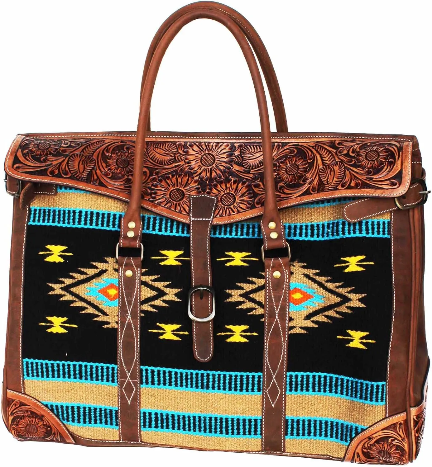 CHALLENGER Western Floral Tooled Leather Handwoven Wool Travel Weekender Duffle Bag 103FK02