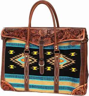 CHALLENGER Western Floral Tooled Leather Handwoven Wool Travel Weekender Duffle Bag 103FK02