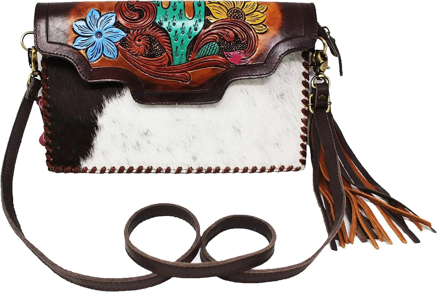 CHALLENGER Women's Cowhide Western Cactus Tooled Leather Shoulder Purse Handbag 18RAH37
