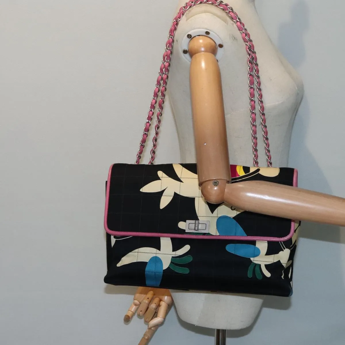 CHANEL Choco Bar Chain Shoulder Bag Canvas Navy Silver CC bs17594