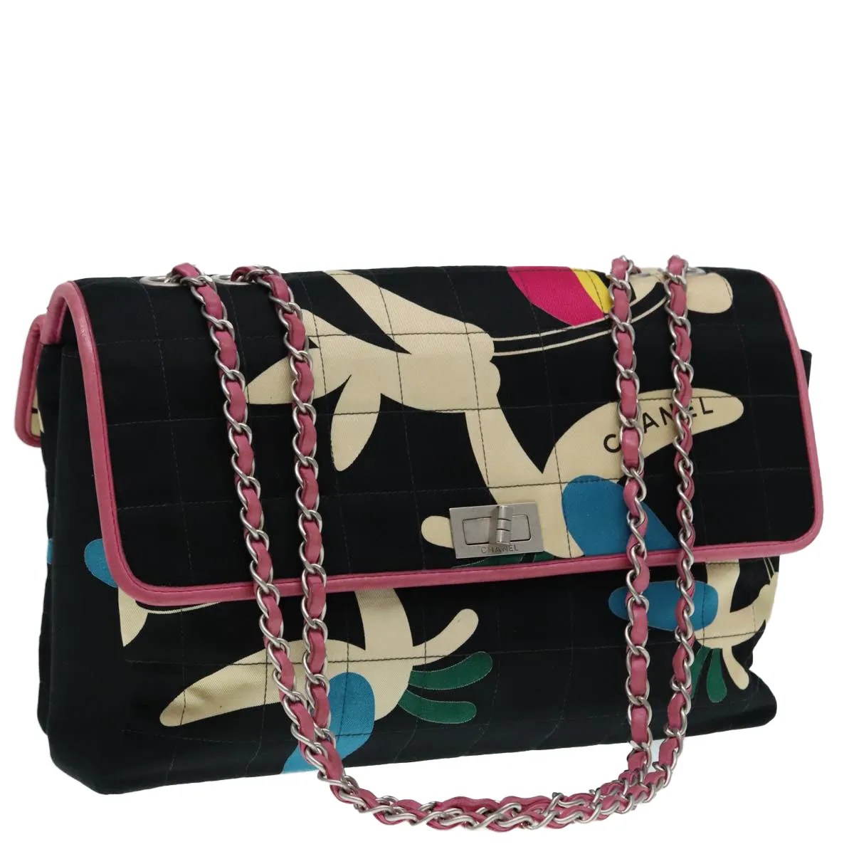 CHANEL Choco Bar Chain Shoulder Bag Canvas Navy Silver CC bs17594