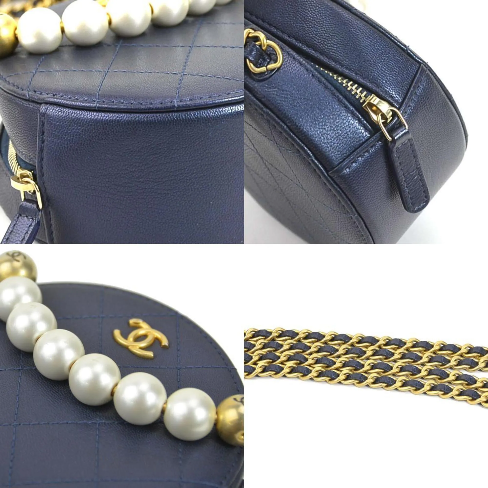 CHANEL Crossbody Shoulder Bag Pochette Coco Mark Leather/Metal/Fake Pearl Navy/Gold/Off-White Women's