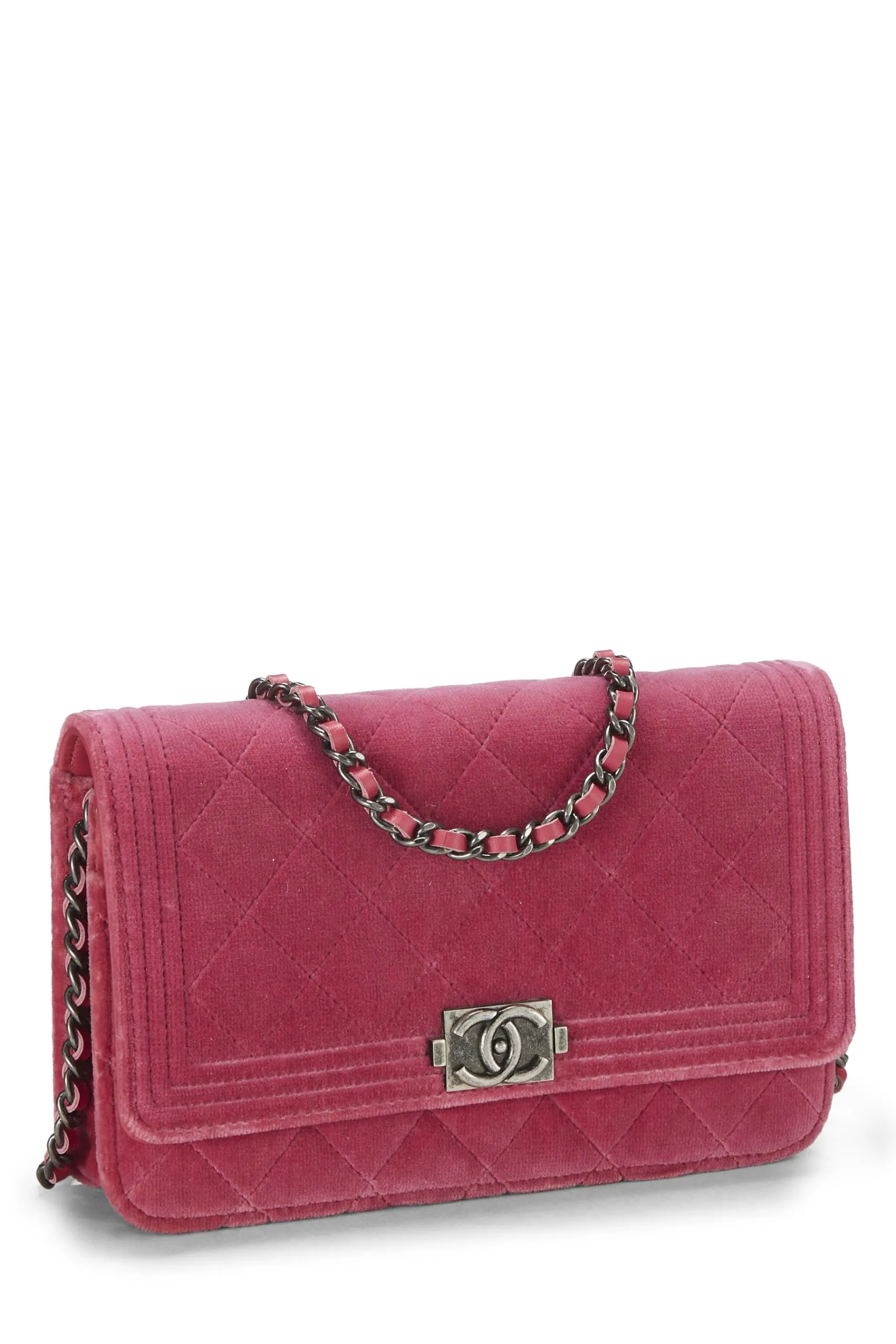 Chanel,  Pink Quilted Velvet Boy Wallet on Chain (WOC), Pink