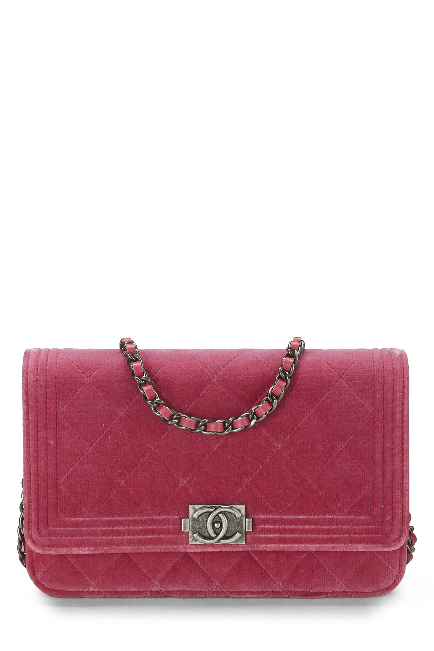 Chanel,  Pink Quilted Velvet Boy Wallet on Chain (WOC), Pink