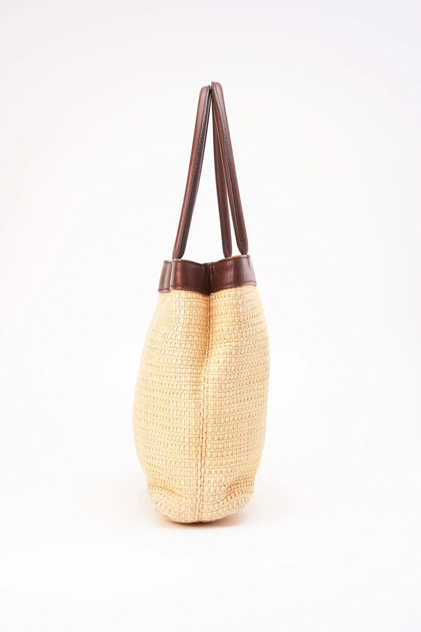 Chanel Raffia Tote Bag With Brown Leather Handles