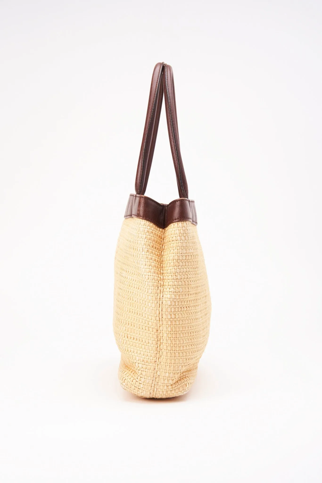 Chanel Raffia Tote Bag With Brown Leather Handles