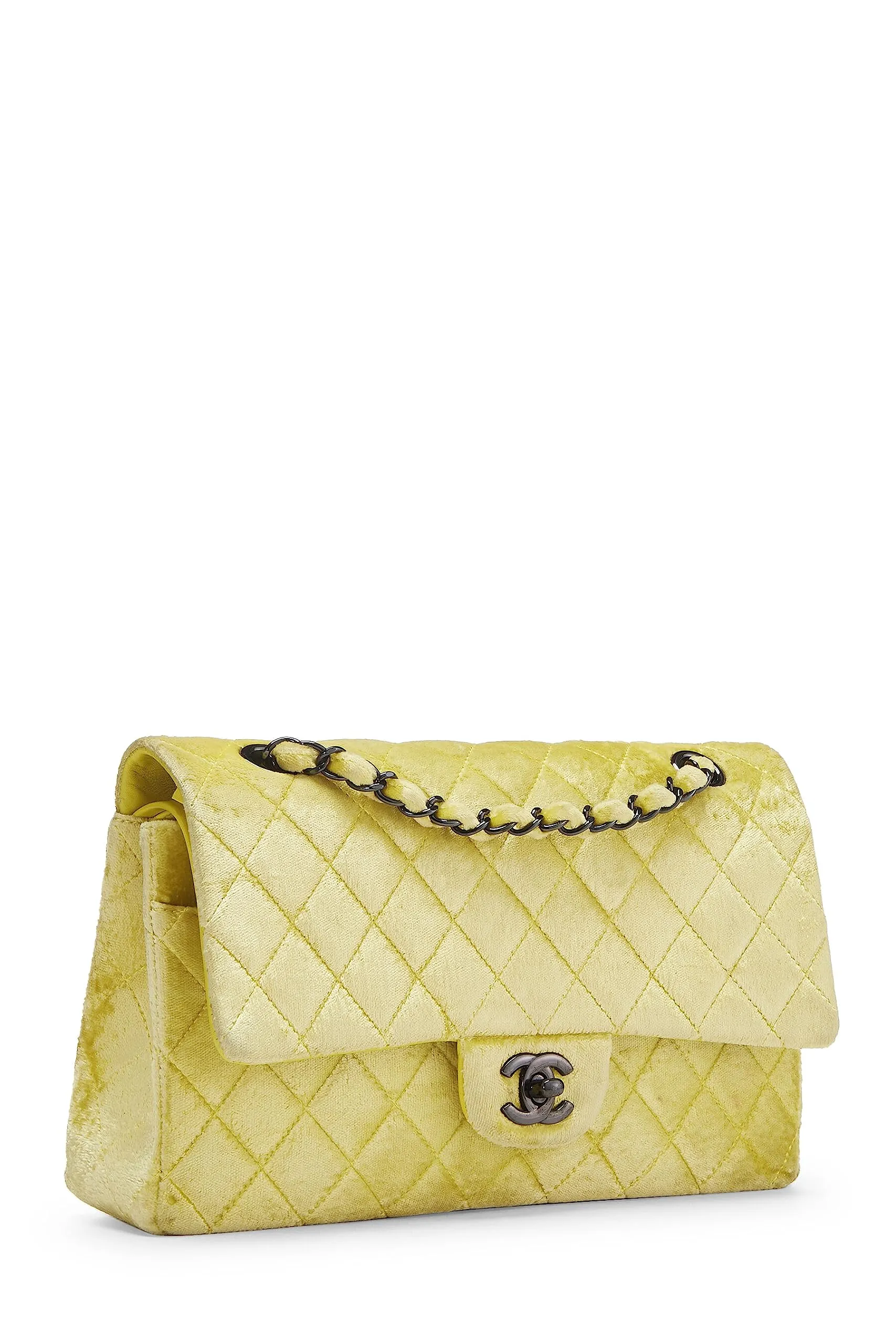 Chanel,  Yellow Quilted Velvet Classic Double Flap Small, Yellow