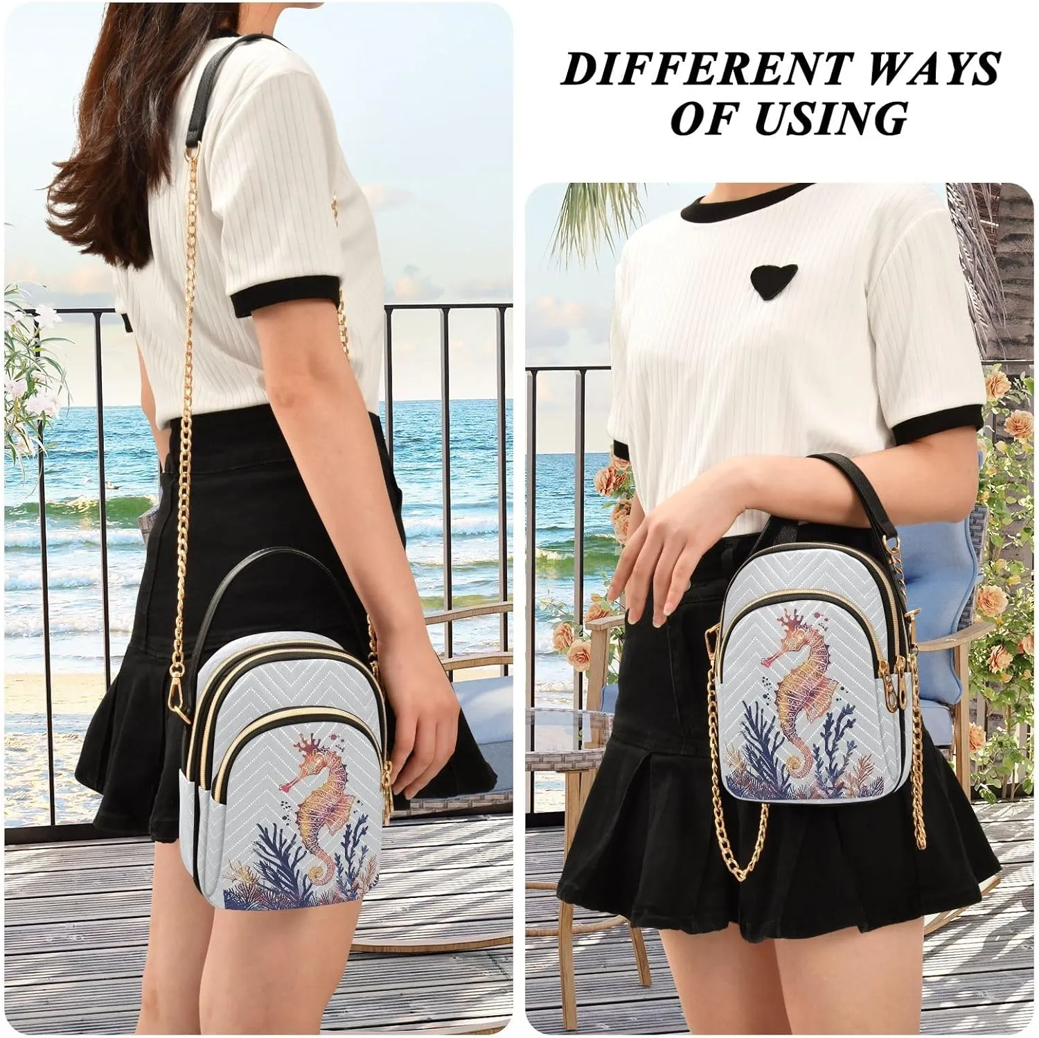 Charming Red Seahorse Women's Crossbody Handbags with Zipper, Casual Leather Cell Phone Purse Crossbody Bags for Ladies