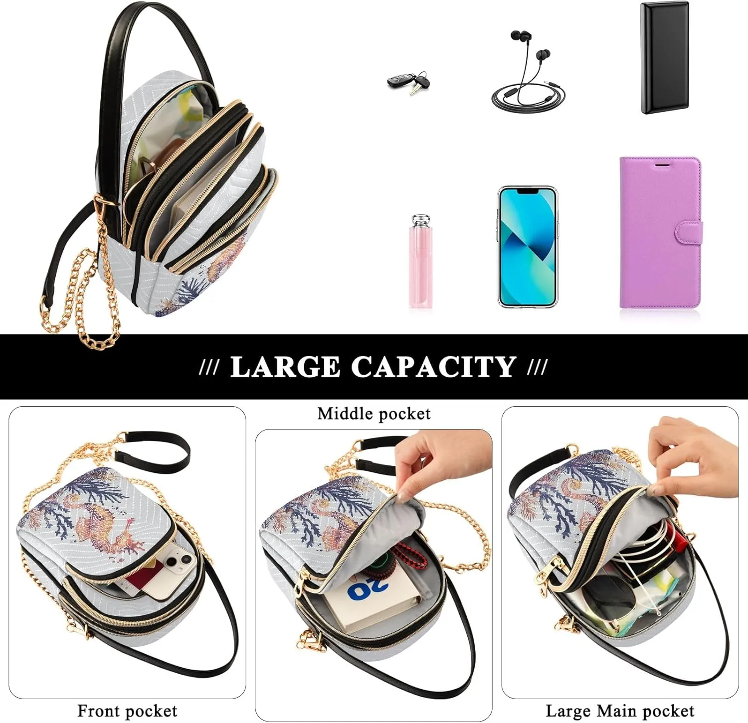 Charming Red Seahorse Women's Crossbody Handbags with Zipper, Casual Leather Cell Phone Purse Crossbody Bags for Ladies