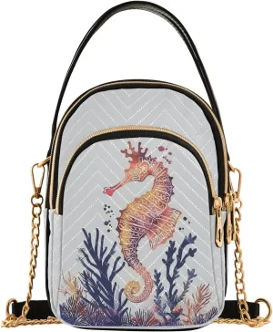 Charming Red Seahorse Women's Crossbody Handbags with Zipper, Casual Leather Cell Phone Purse Crossbody Bags for Ladies