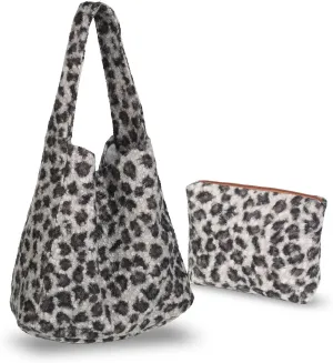 Chic Leopard Bag, Leopard Print Velvet Tote Bag with Smaller Inner Bag, Fluffy Tote, Cheetah Tote for Women