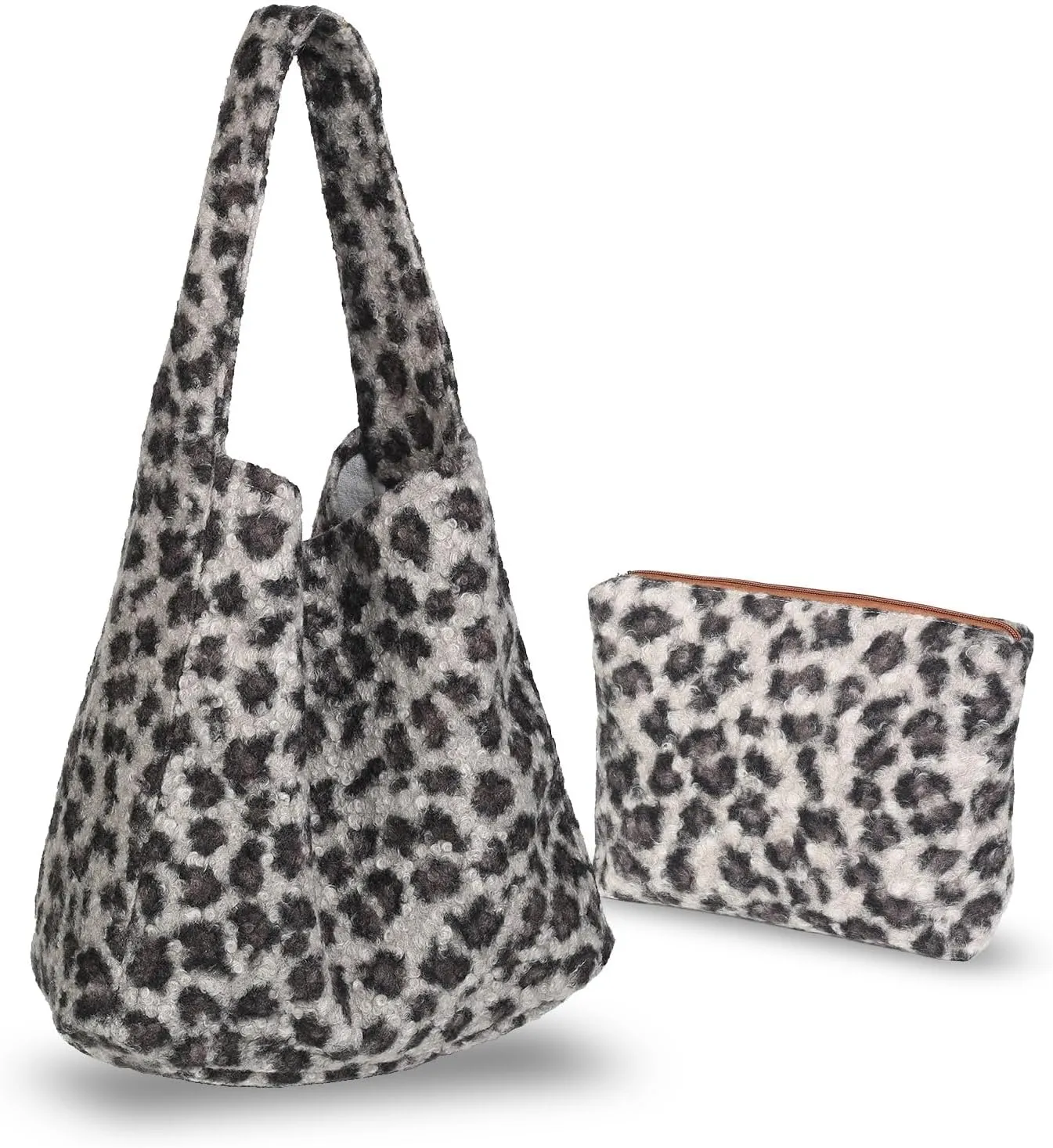 Chic Leopard Bag, Leopard Print Velvet Tote Bag with Smaller Inner Bag, Fluffy Tote, Cheetah Tote for Women