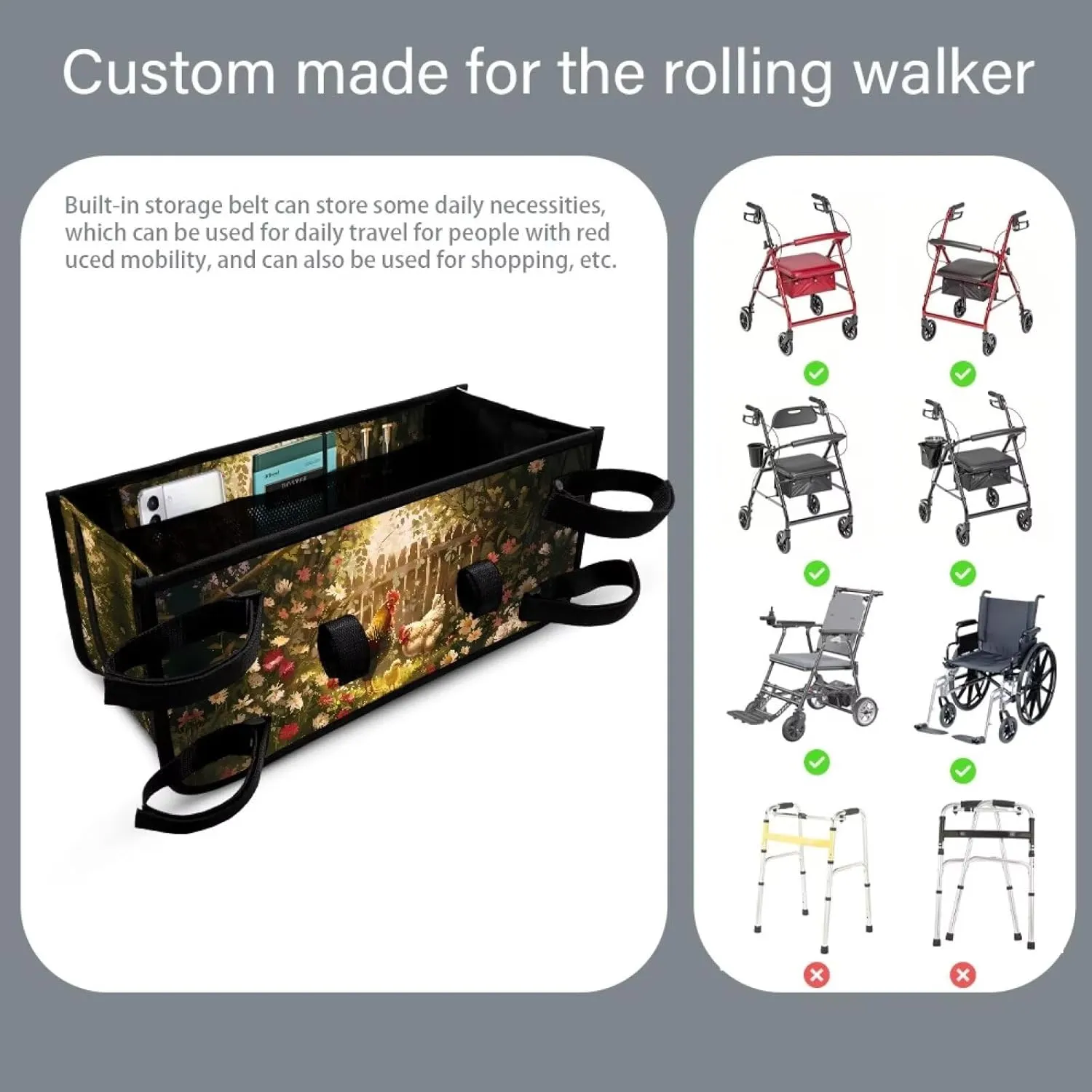 Chicken Rooster Rollator Bag Tote Organizer for Universal Walkers Walker Bag Mobility Aid Accessory Pouch for Seniors in Assisted Living