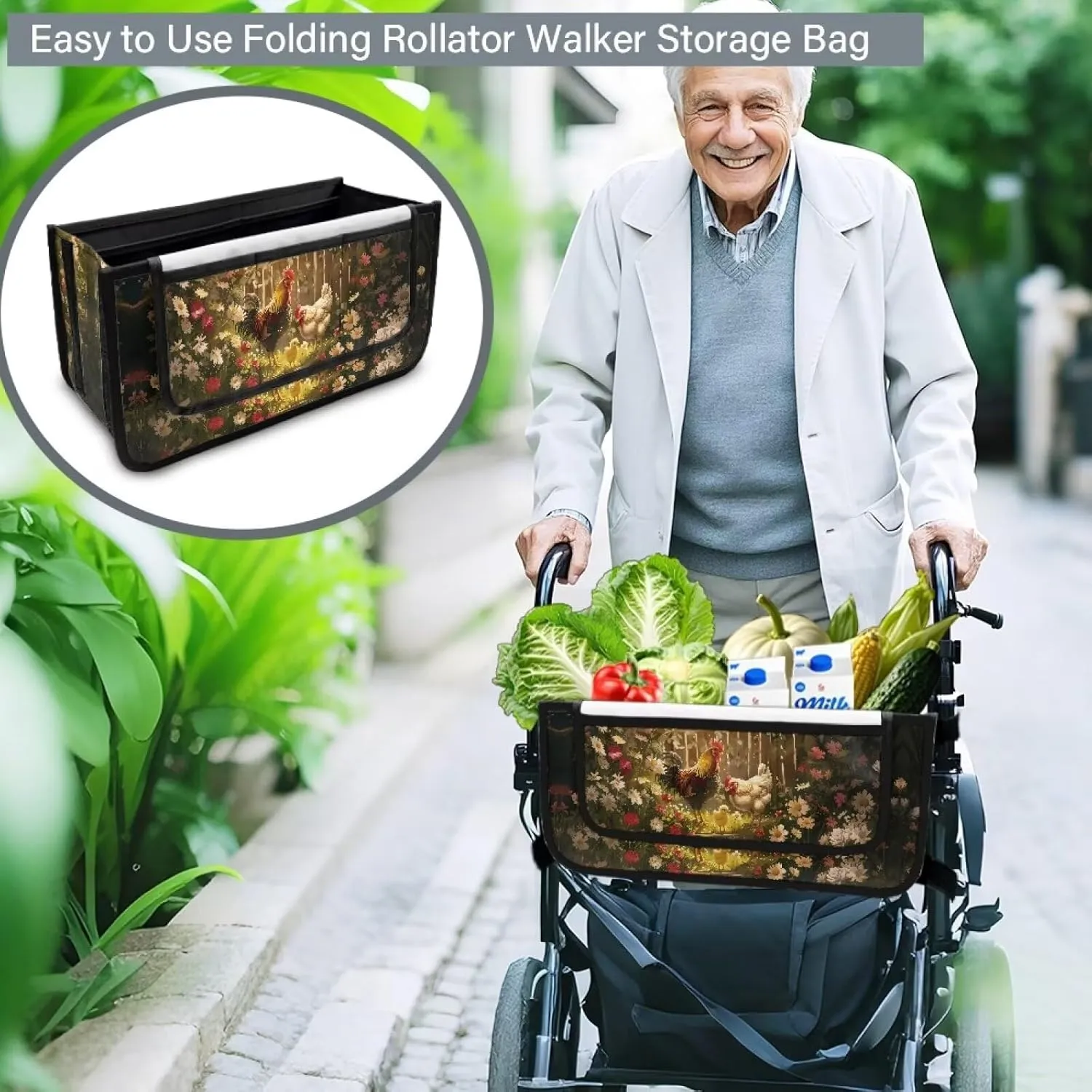 Chicken Rooster Rollator Bag Tote Organizer for Universal Walkers Walker Bag Mobility Aid Accessory Pouch for Seniors in Assisted Living