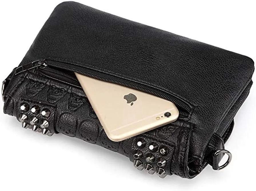 Chikencall Womens Punk Skull Print Crossbody Bag PU Leather Gothic Skull Shoulder Bag Purse with Chain