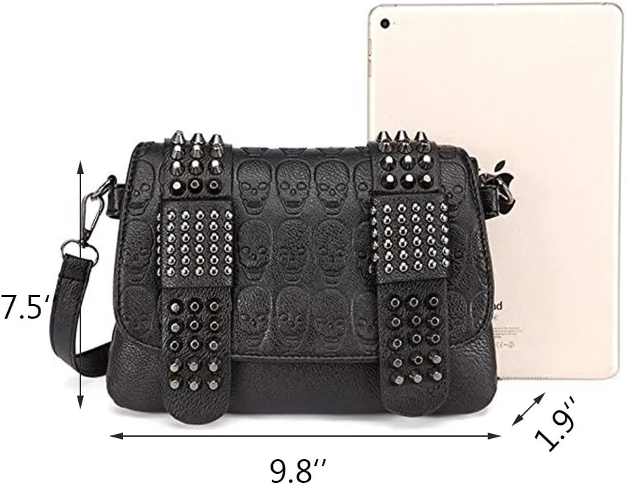 Chikencall Womens Punk Skull Print Crossbody Bag PU Leather Gothic Skull Shoulder Bag Purse with Chain