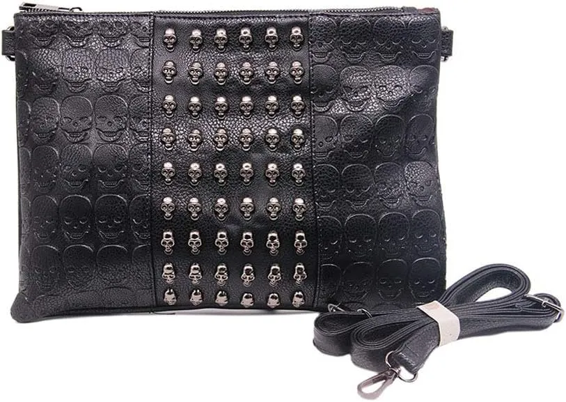 Chikencall Womens Punk Skull Print Crossbody Bag PU Leather Gothic Skull Shoulder Bag Purse with Chain