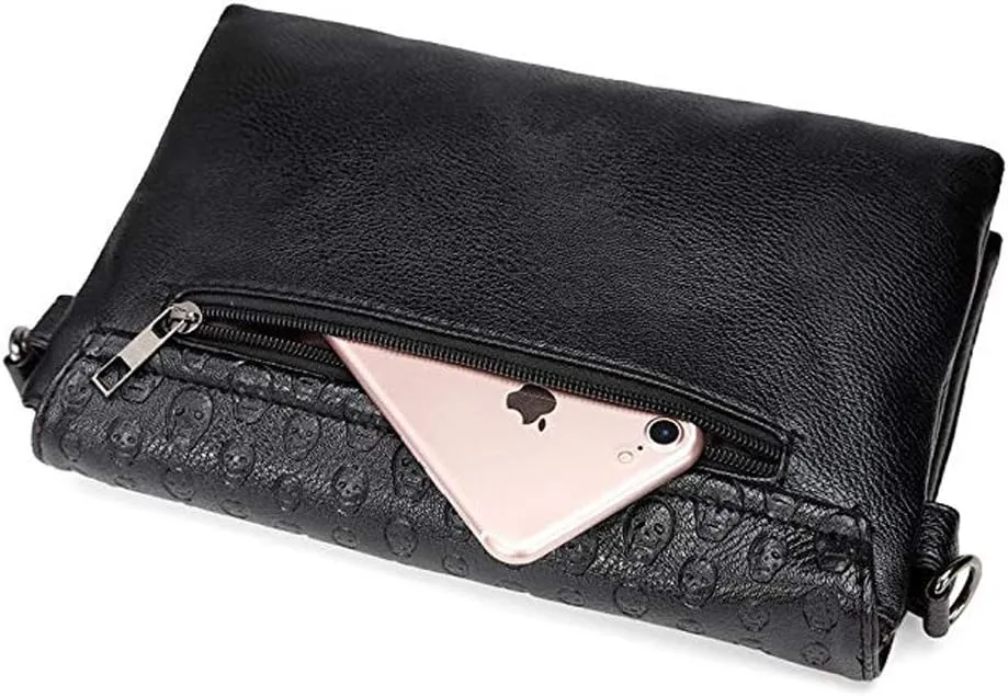 Chikencall Womens Punk Skull Print Crossbody Bag PU Leather Gothic Skull Shoulder Bag Purse with Chain