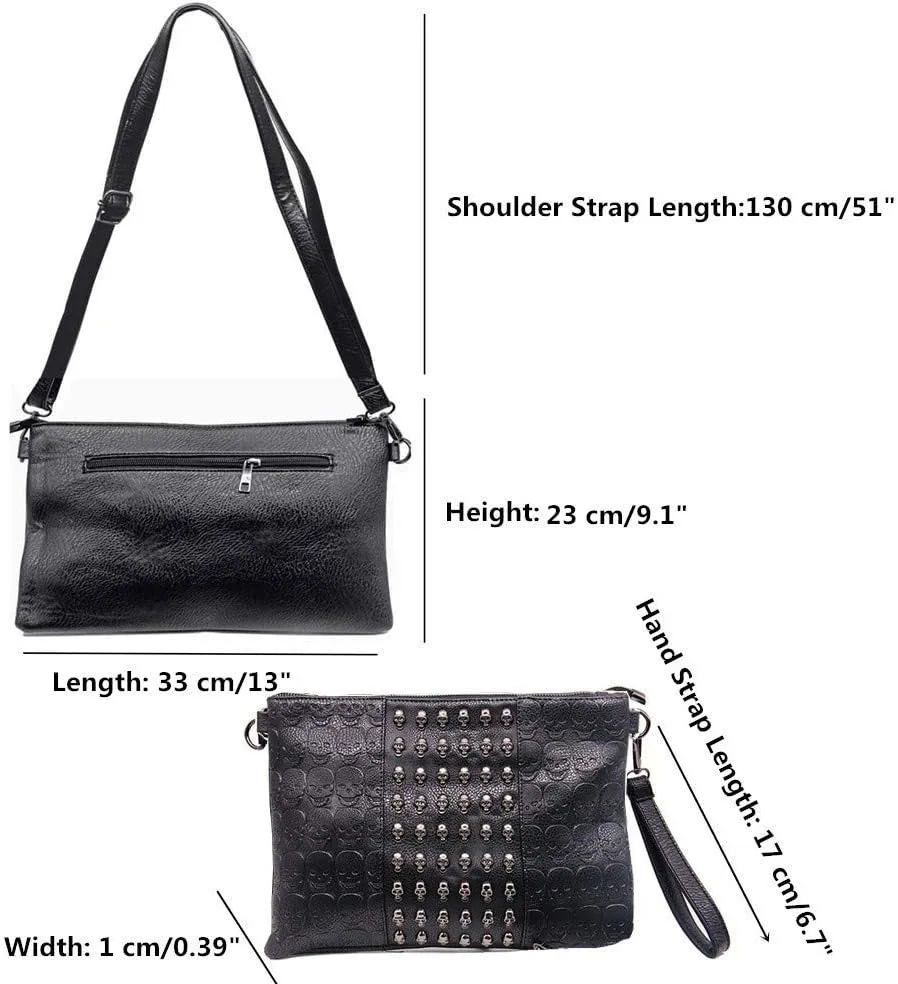 Chikencall Womens Punk Skull Print Crossbody Bag PU Leather Gothic Skull Shoulder Bag Purse with Chain