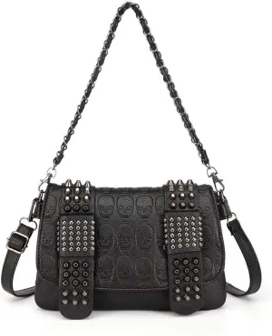 Chikencall Womens Punk Skull Print Crossbody Bag PU Leather Gothic Skull Shoulder Bag Purse with Chain