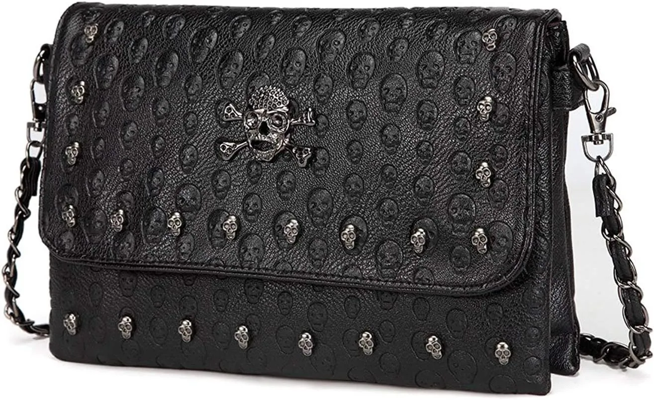 Chikencall Womens Punk Skull Print Crossbody Bag PU Leather Gothic Skull Shoulder Bag Purse with Chain