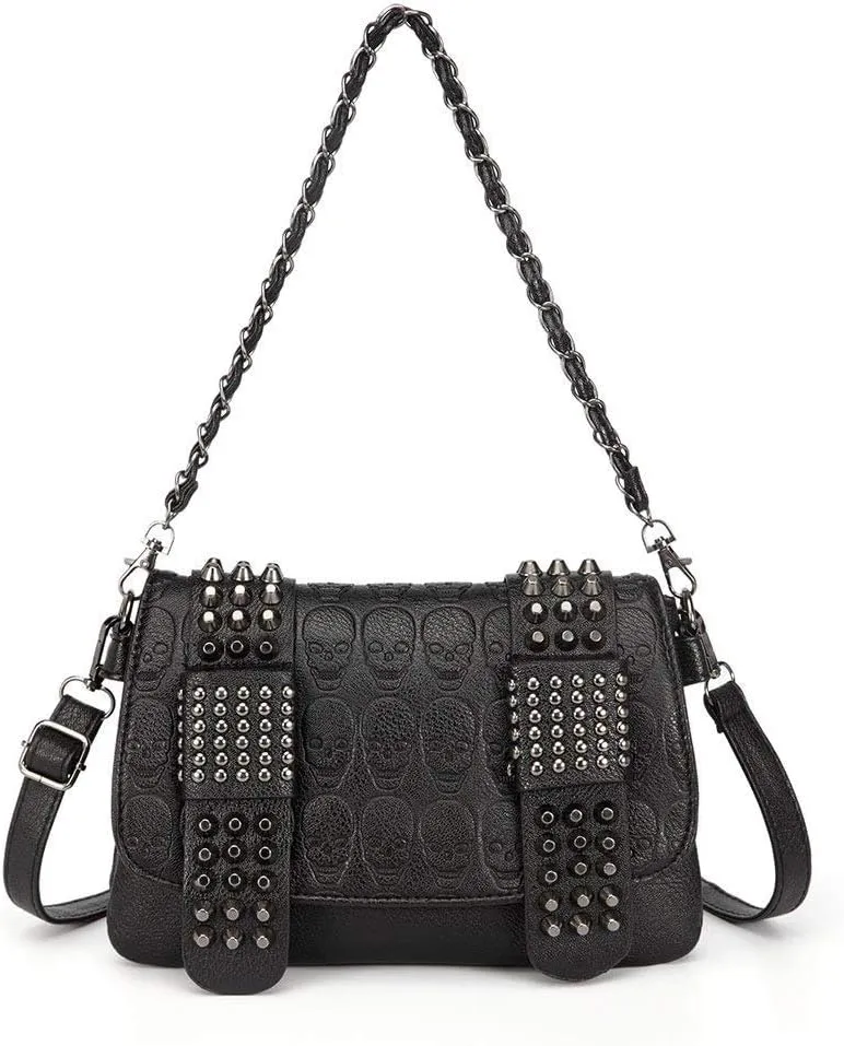 Chikencall Womens Punk Skull Print Crossbody Bag PU Leather Gothic Skull Shoulder Bag Purse with Chain