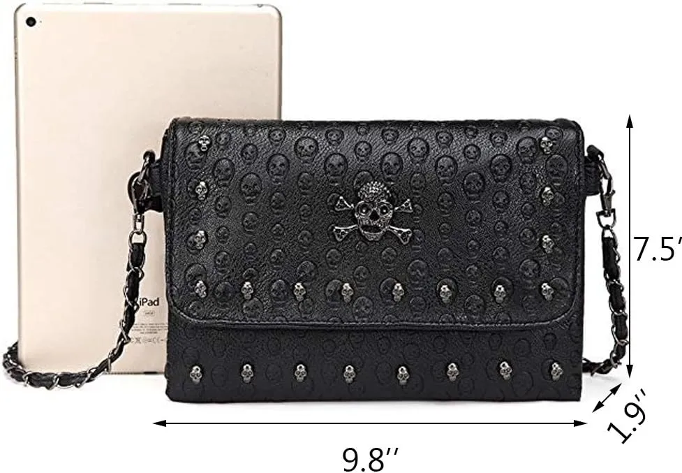 Chikencall Womens Punk Skull Print Crossbody Bag PU Leather Gothic Skull Shoulder Bag Purse with Chain